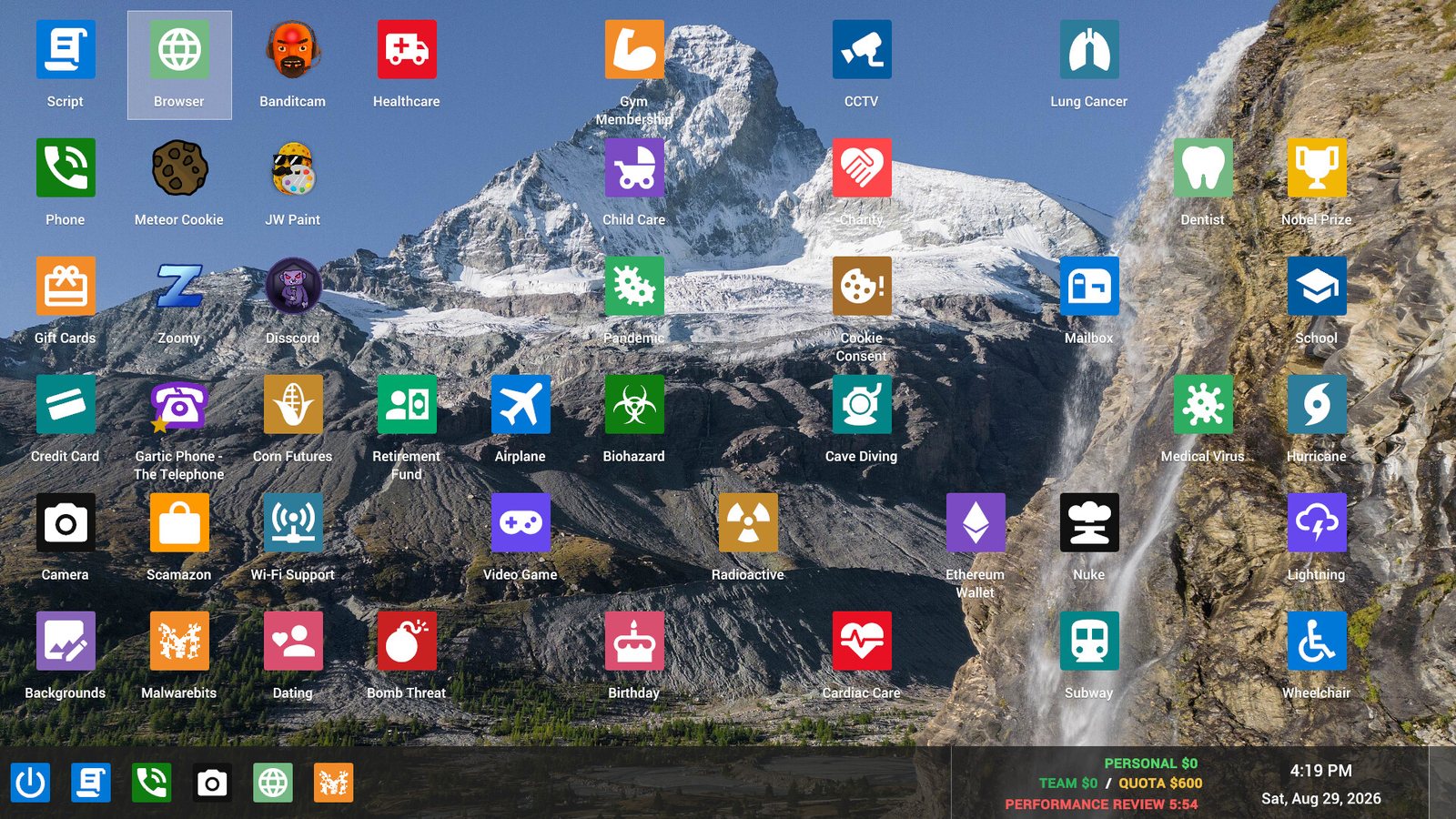 The in-game desktop app grid, from Browser and Scamazon to Bomb Threat. Official screenshot.