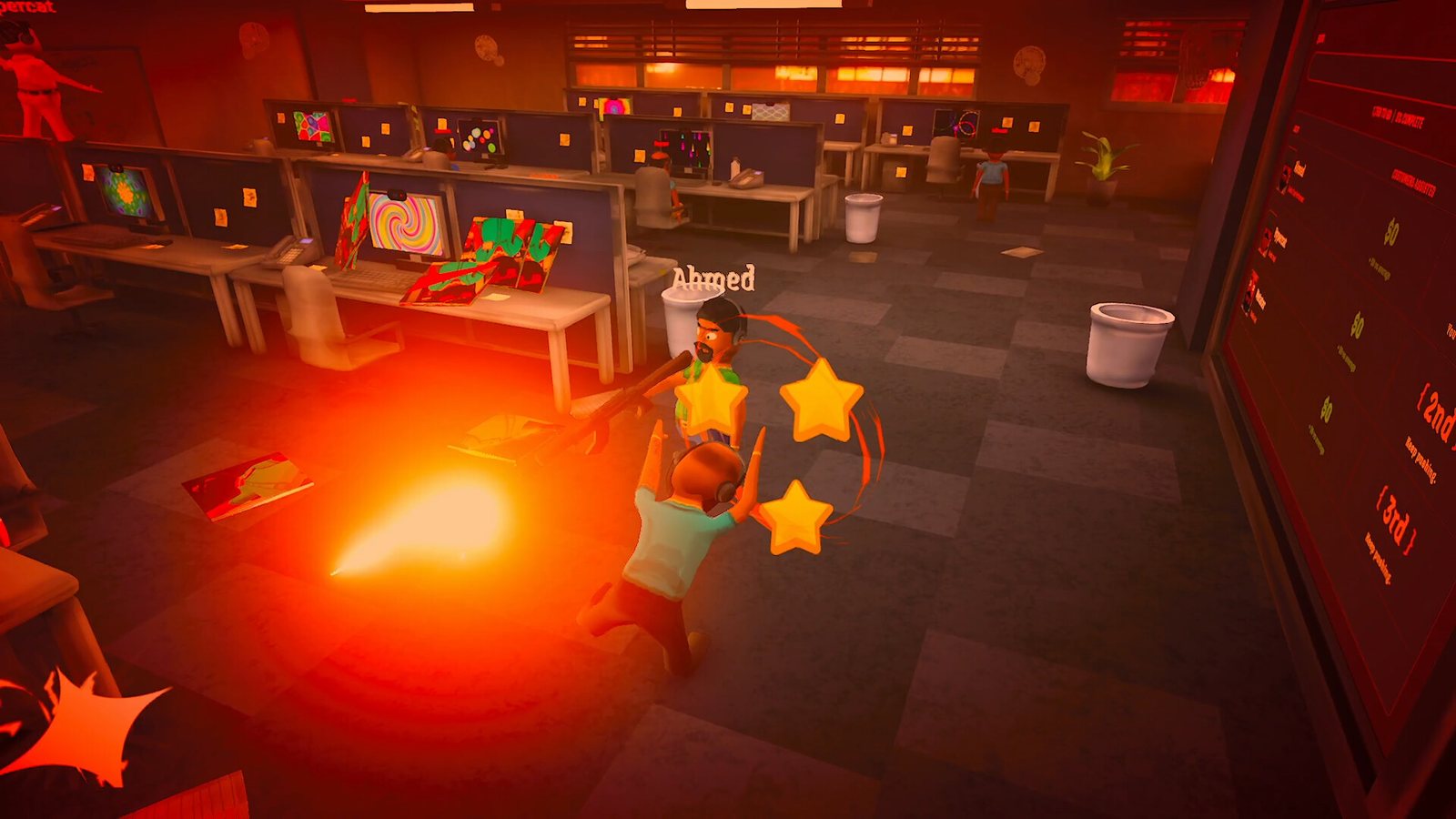 A worker swings a bat amid stars and fire in the office. Official screenshot.